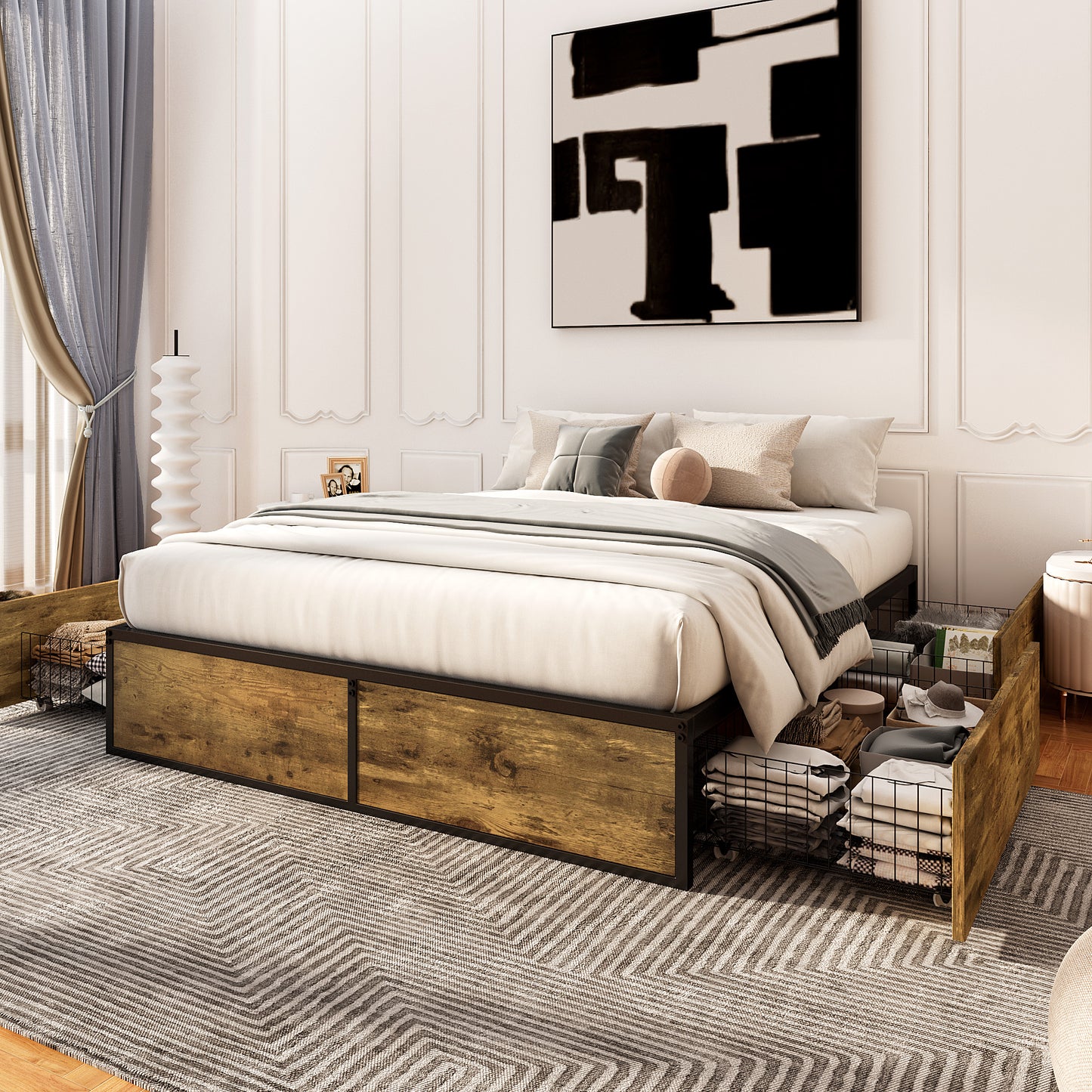 Allewie Platform Bed Frame with 4 Large Storage Drawers, Heavy Duty Metal Queen Bed Frame with Wooden Footboard & 13 Strong Slat Support