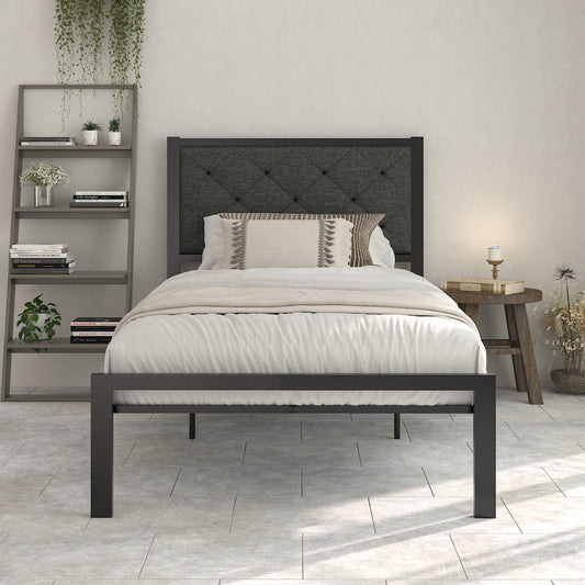 Allewie Metal Platform Bed frame with Tufted Diamond Stitched Fabric Headboard, Strong Steal Slats Support