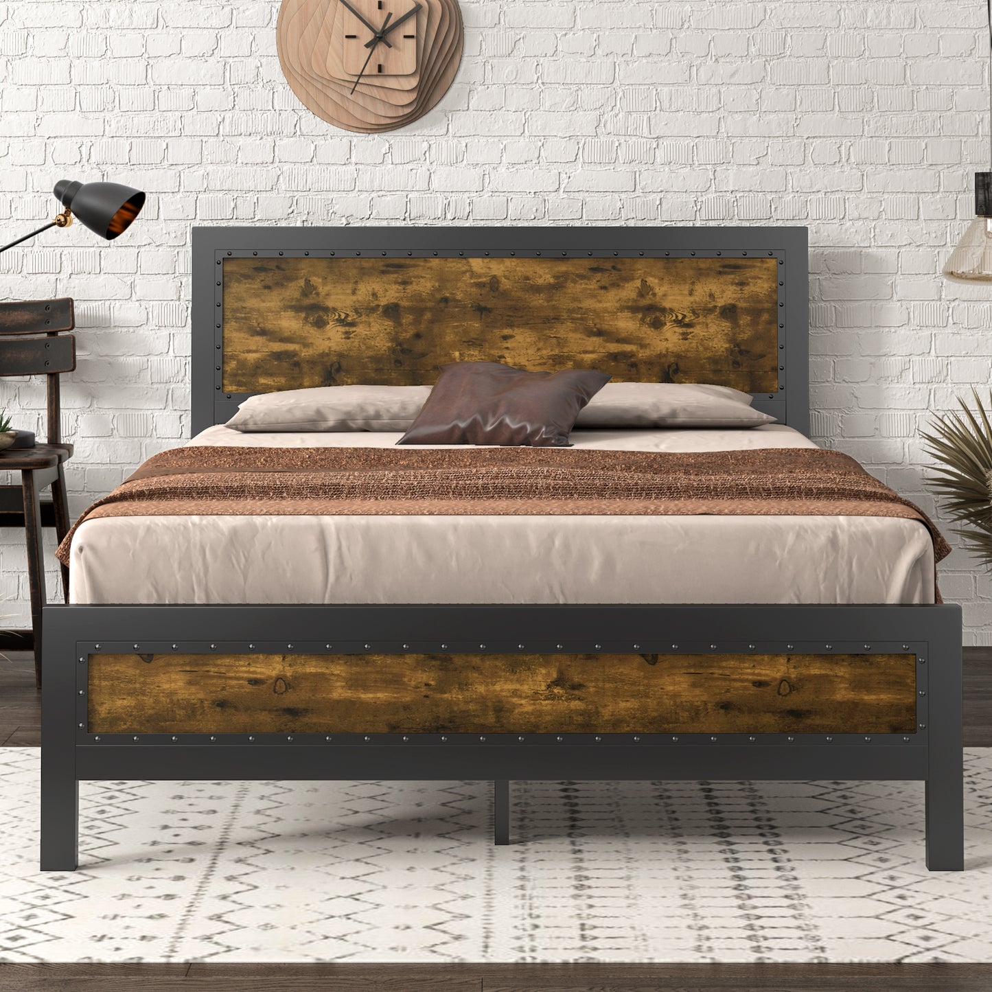 Allewie Brown Metal Platform Bed Frame with Industrial Rivet Headboard and Deep Grey Frame
