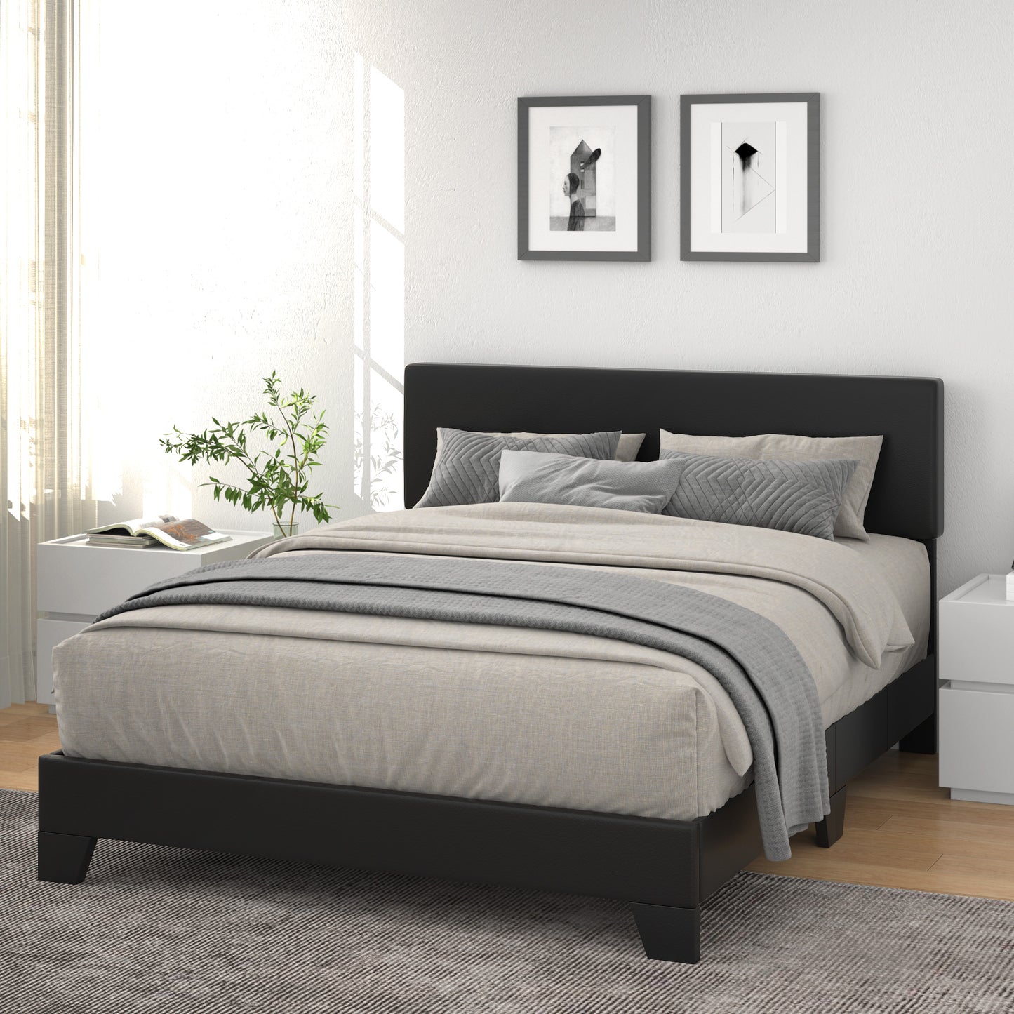 Allewie Platform Bed Fame with Upholstered Adjustable Leather Headboard, Black