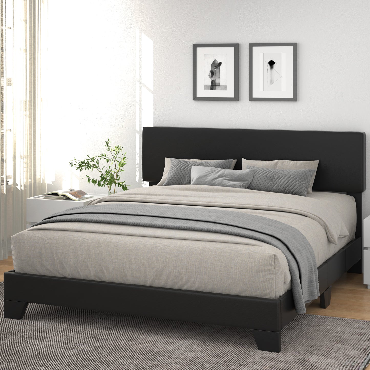 Allewie Platform Bed Fame with Upholstered Adjustable Leather Headboard, Black