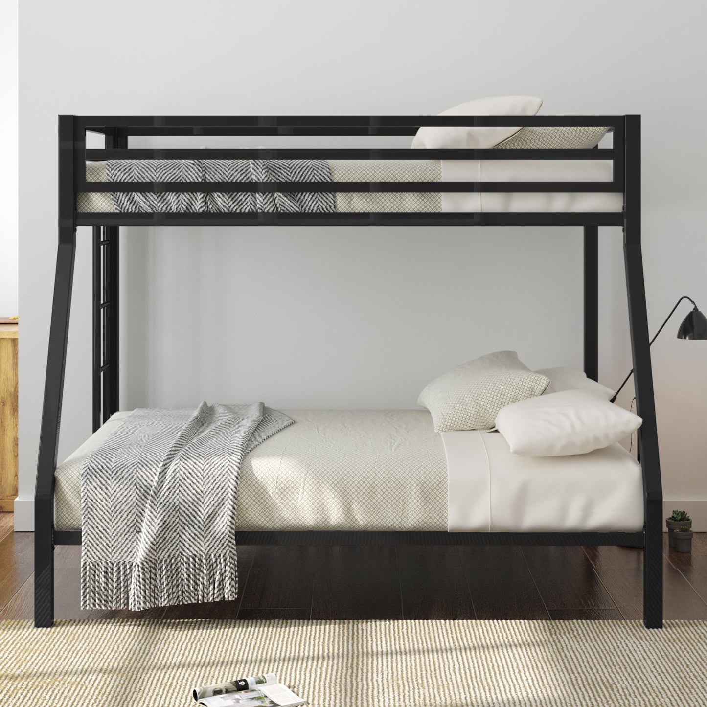 Allewie Metal Twin Over Full Bunk Beds Frame with Stairs and Full-Length Guardrail, Space-Saving,  Black