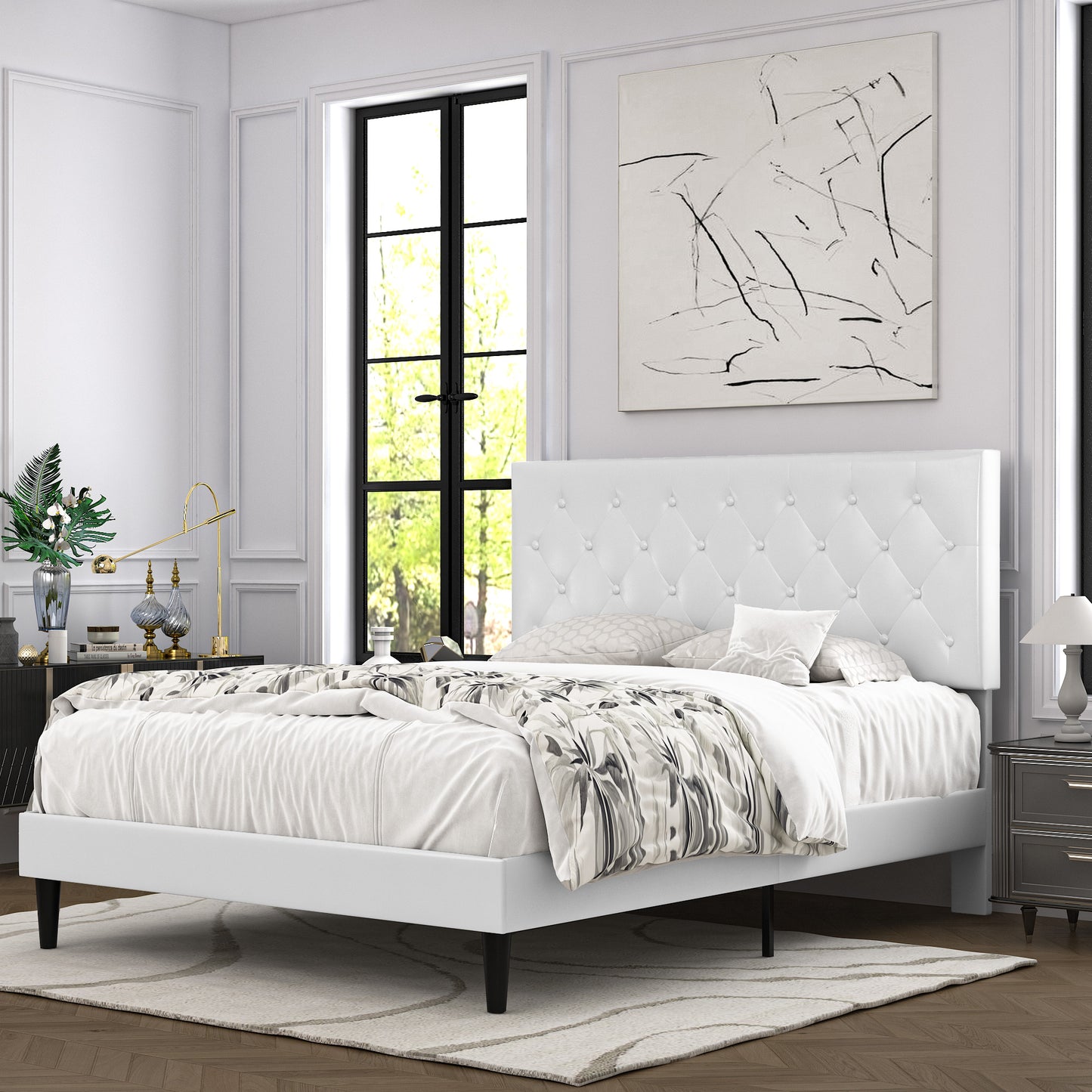 Allewie Faux Leather Upholstered Platform Bed Frame with Adjustable Diamond Stitched Button Tufted Headboard, White