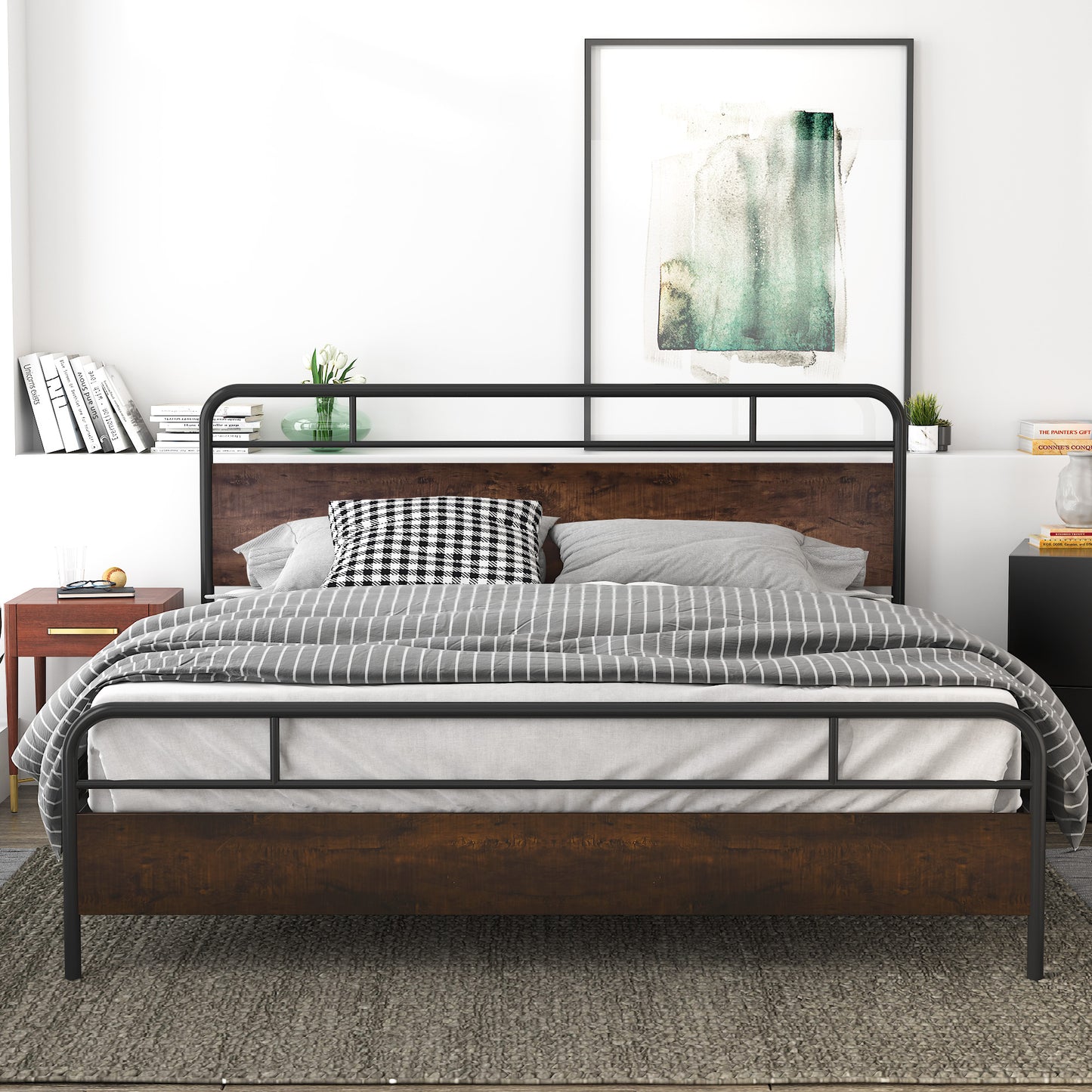 Allewie Sanders Bed with Wooden Headboard, Vintage Metal Platform Bed