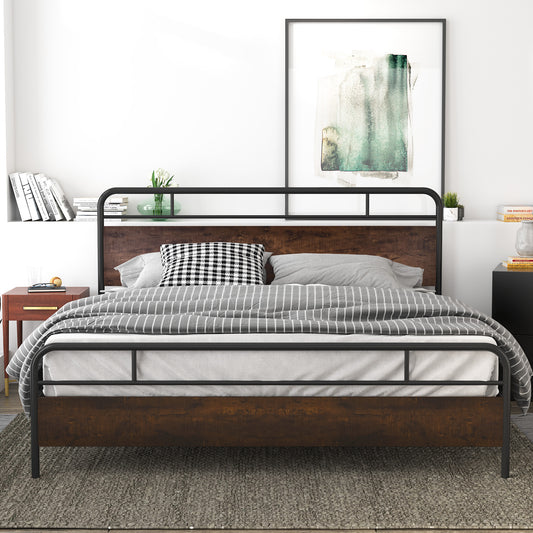 Allewie Sanders King Size Bed with Wooden Headboard, Vintage Metal Platform Bed
