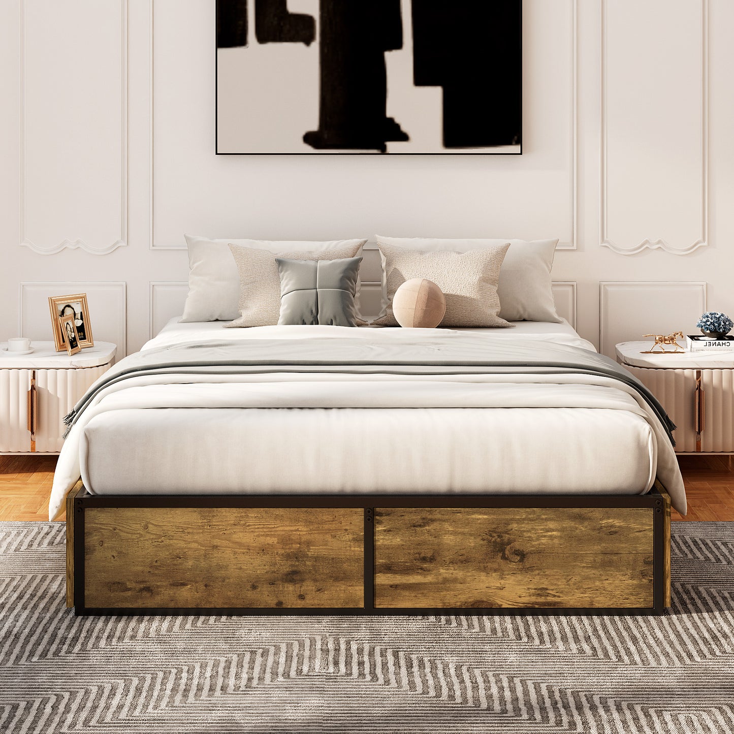 Allewie Platform Bed Frame with 4 Large Storage Drawers, Heavy Duty Metal Queen Bed Frame with Wooden Footboard & 13 Strong Slat Support