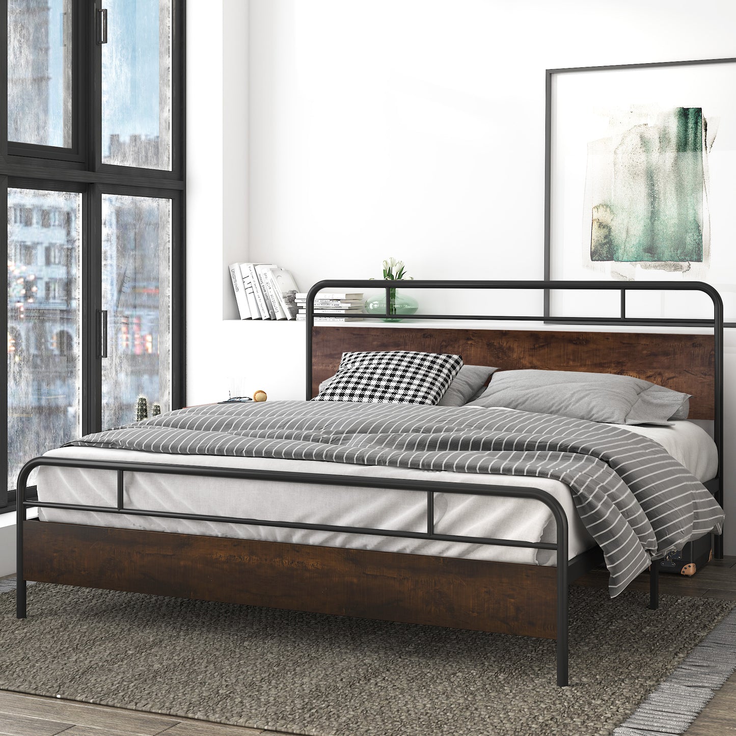 Allewie Sanders Bed with Wooden Headboard, Vintage Metal Platform Bed
