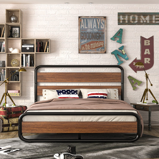 Allewie Metal Bed Frame with Wooden Headboard & Footboard, Heavy Duty Platform Frame with Under-Bed Storage