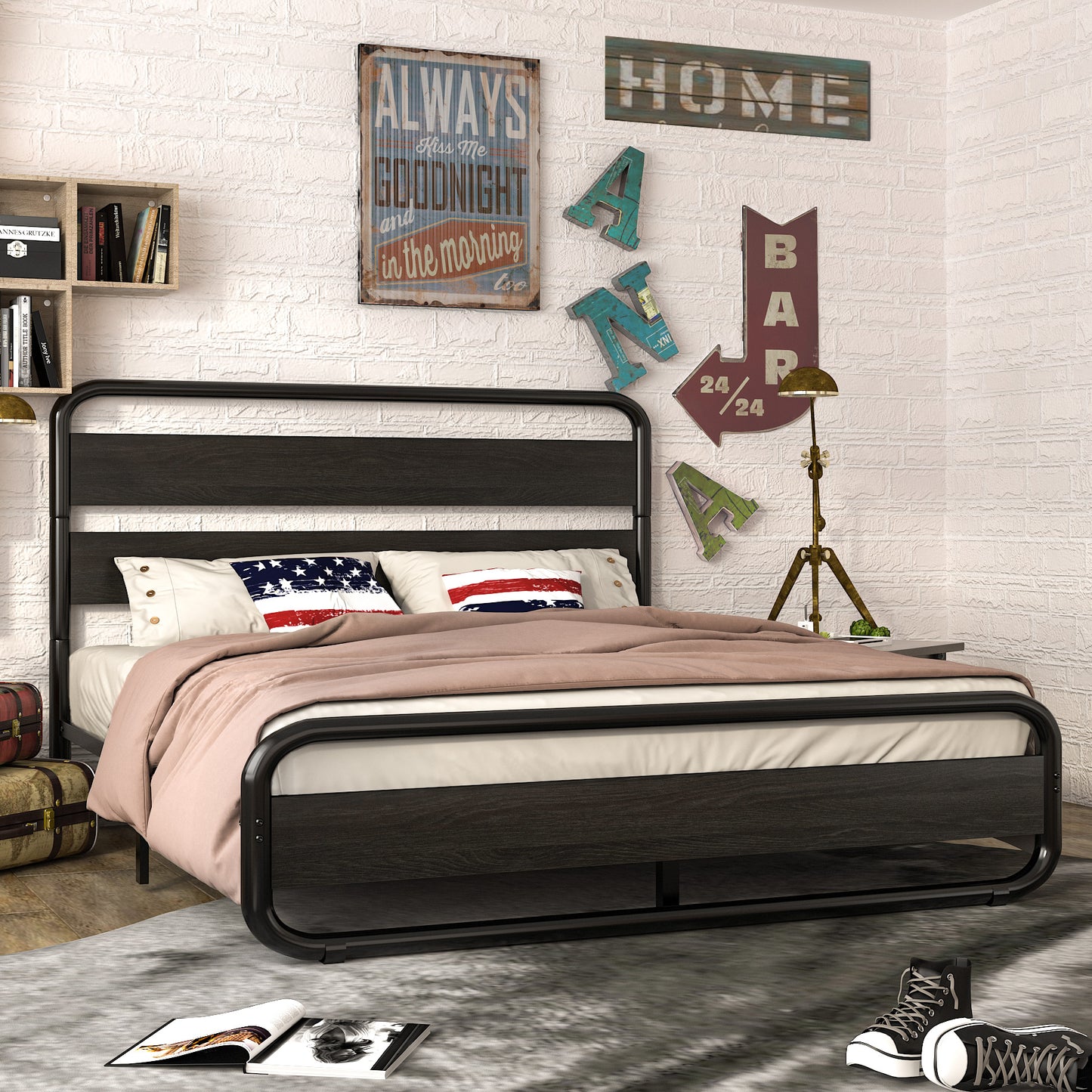 Allewie Black Queen Size Metal Bed Frame with Wooden Headboard & Footboard, Heavy Duty Platform Frame with Under-Bed Storage