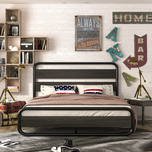 Allewie Black Queen Size Metal Bed Frame with Wooden Headboard & Footboard, Heavy Duty Platform Frame with Under-Bed Storage