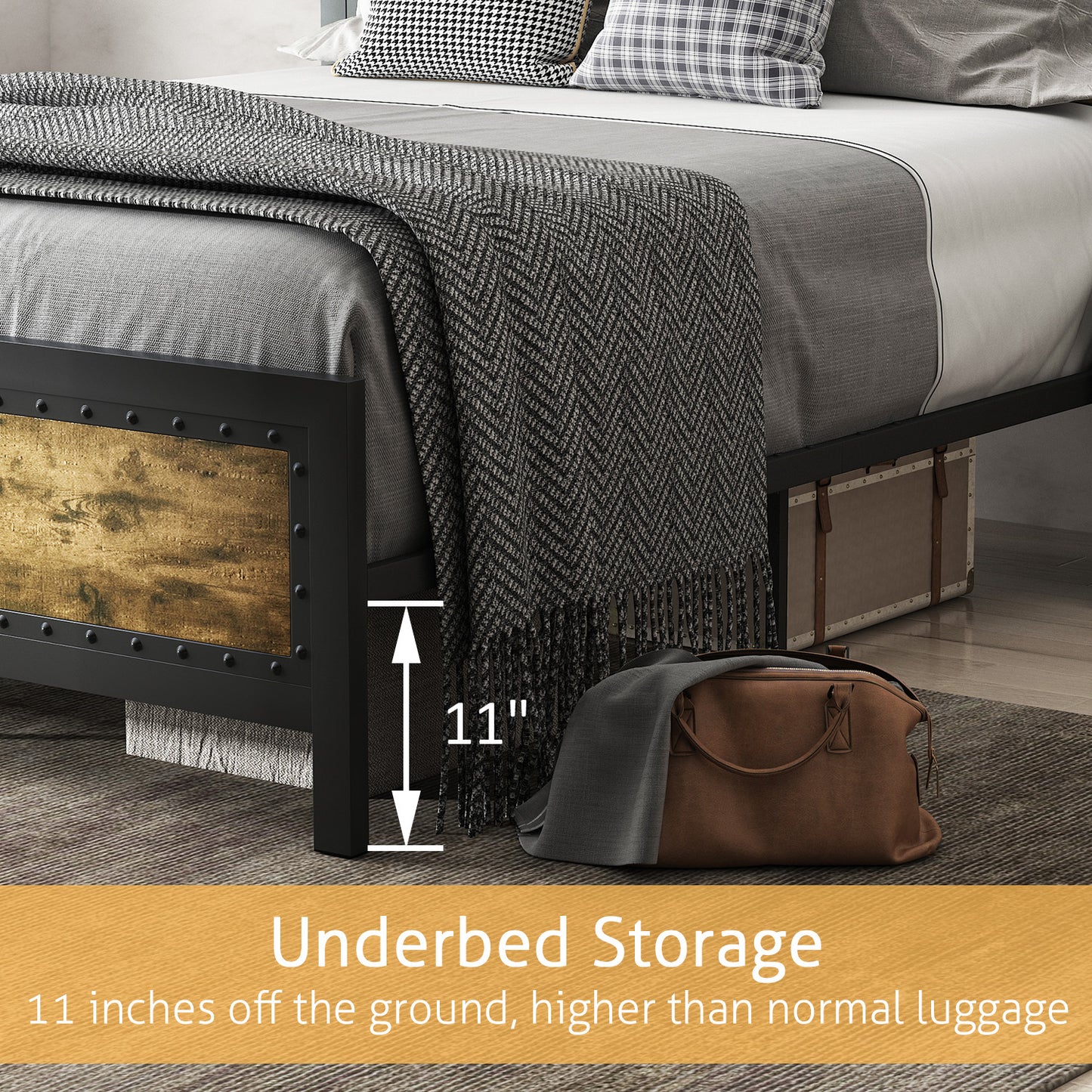 Allewie Brown Metal Platform Bed Frame with Industrial Rivet Headboard and Deep Grey Frame