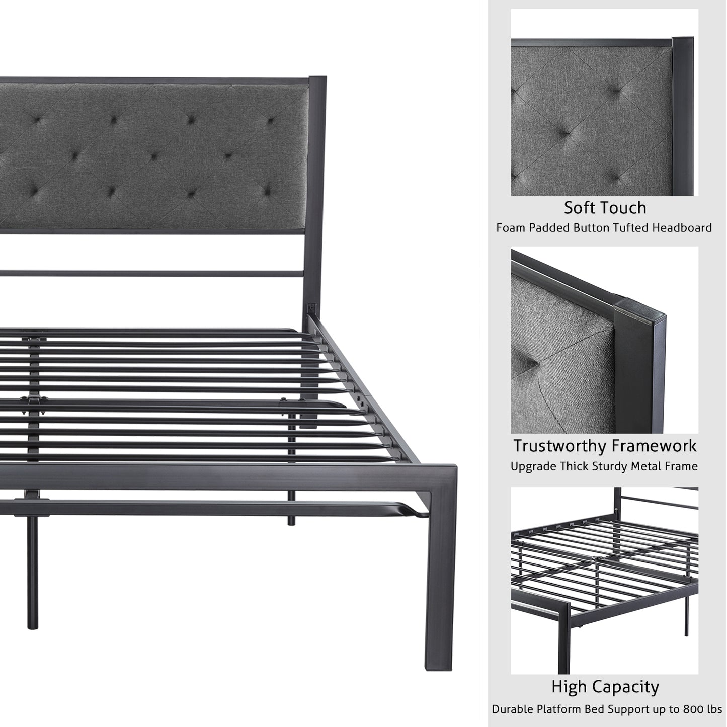 Allewie Metal Platform Bed frame with Tufted Diamond Stitched Fabric Headboard, Strong Steal Slats Support
