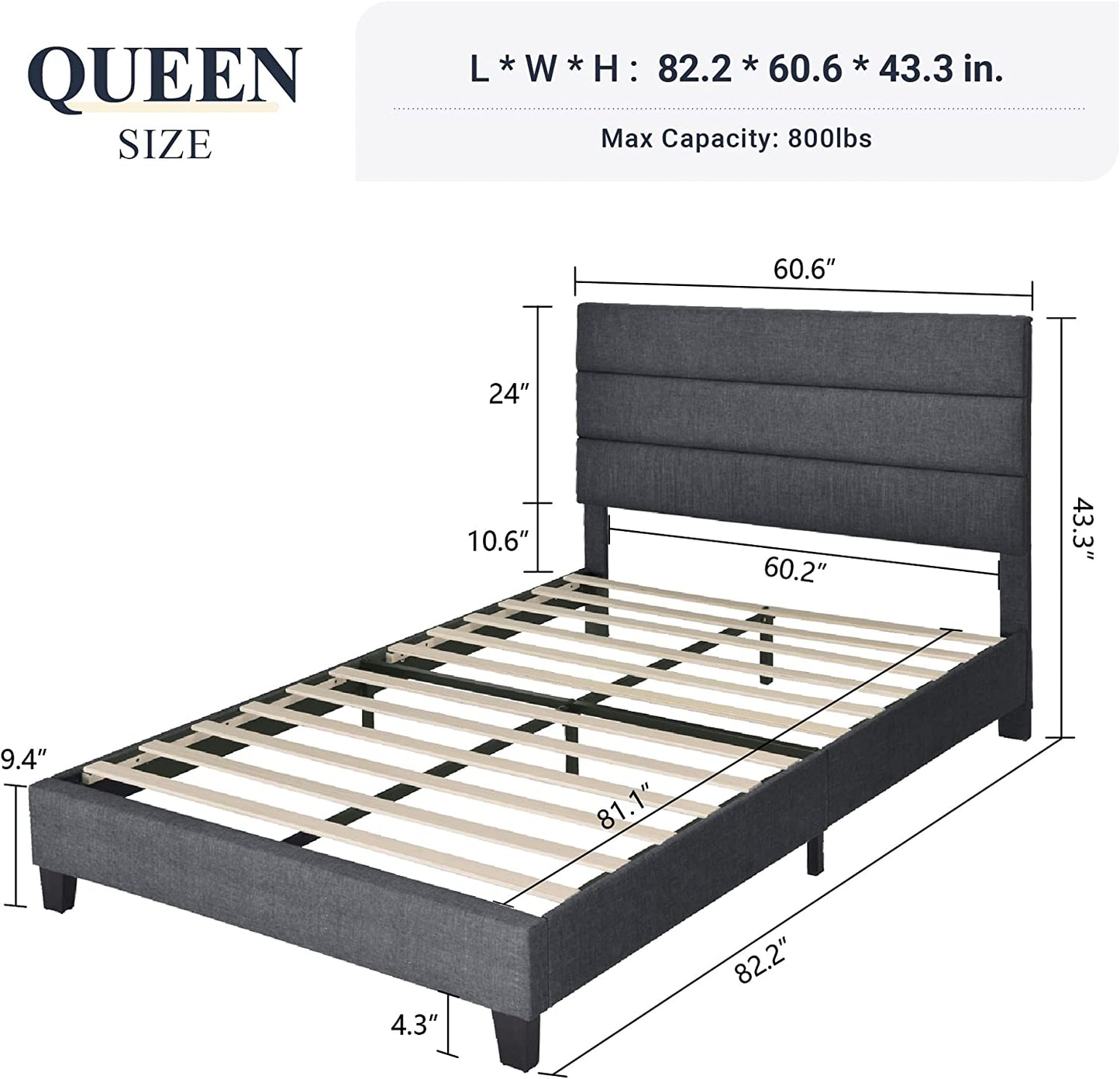Allewie Queen Fully Upholstered Platform Bed Frame with Headboard, Dark Grey