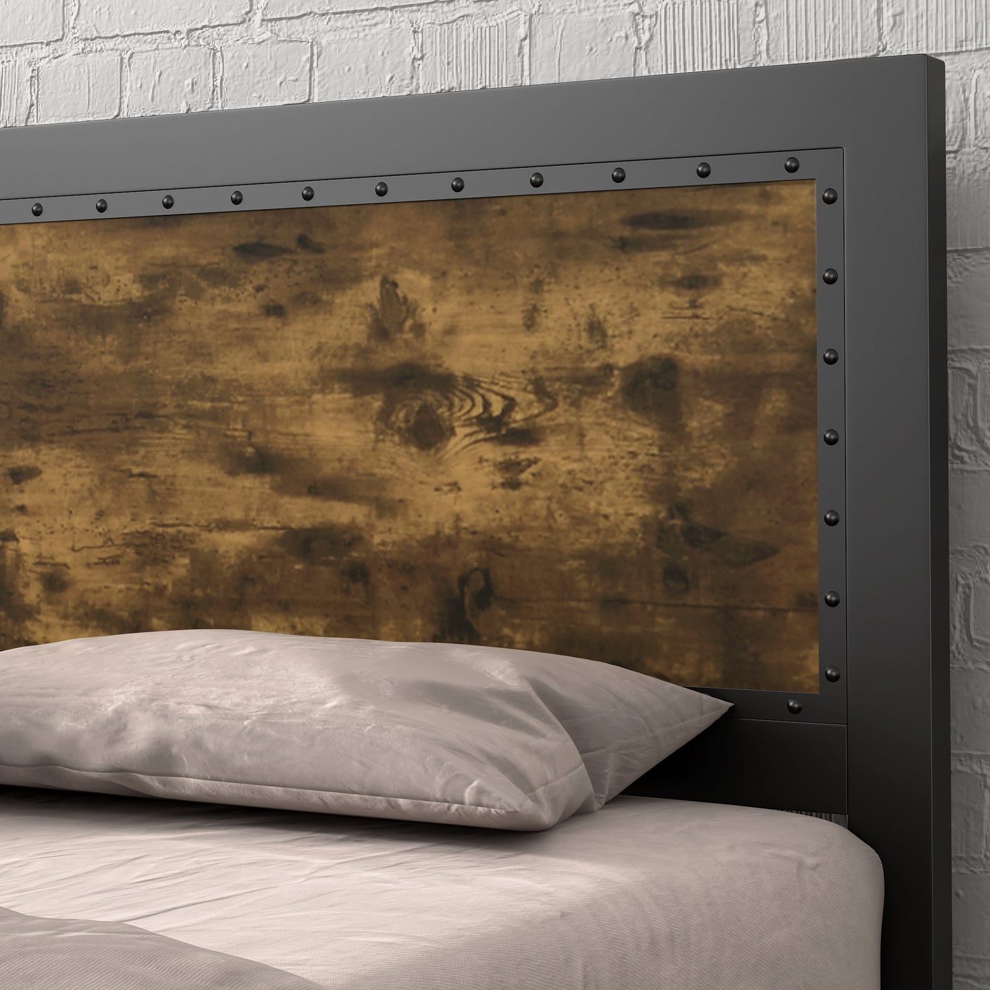 Allewie Brown Metal Platform Bed Frame with Industrial Rivet Headboard and Deep Grey Frame
