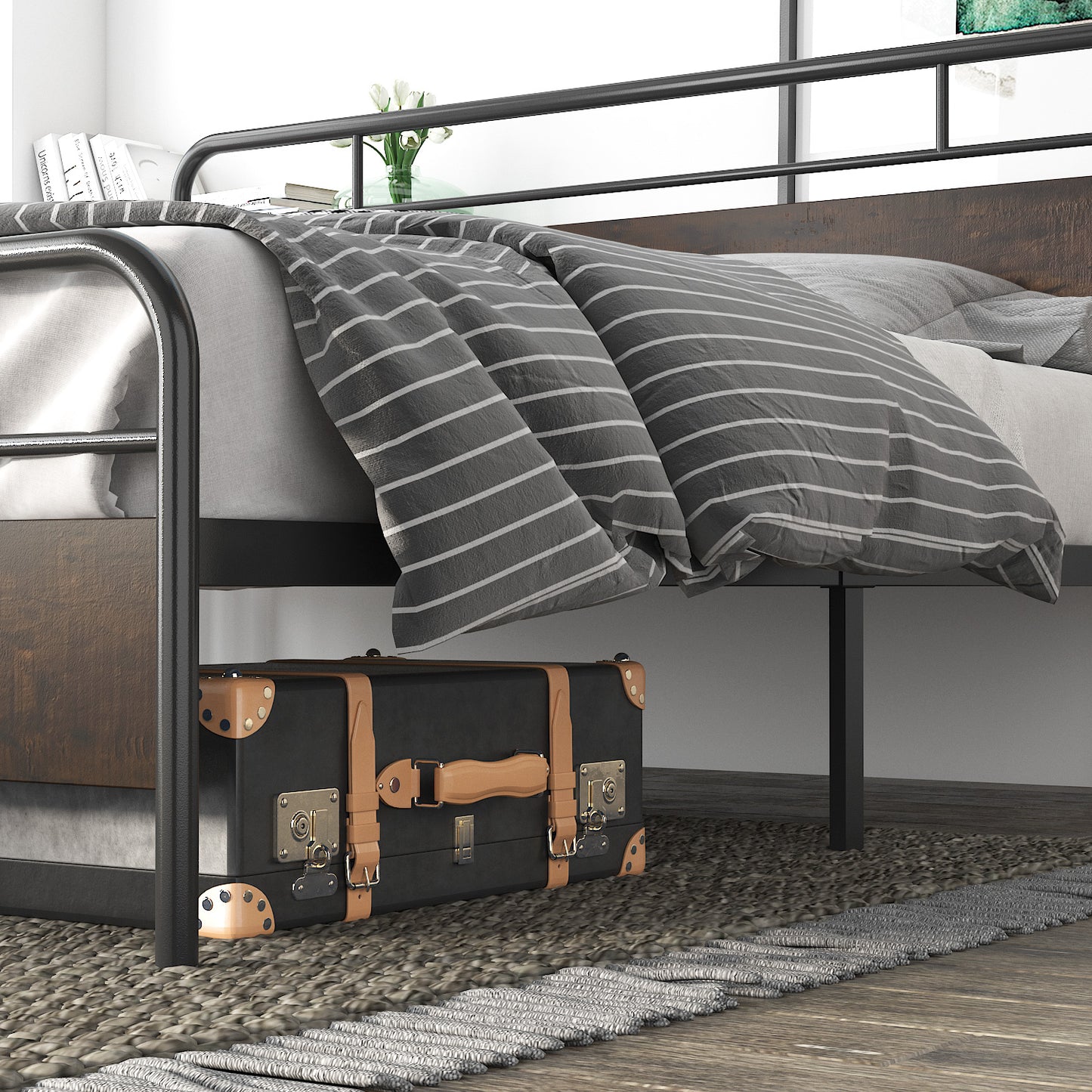 Allewie Sanders Bed with Wooden Headboard, Vintage Metal Platform Bed