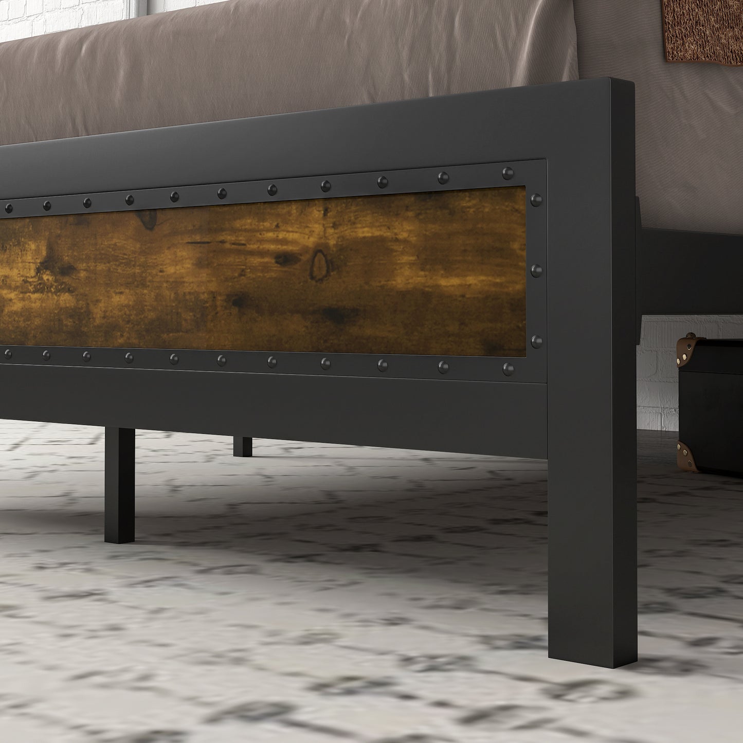 Allewie Brown Metal Platform Bed Frame with Industrial Rivet Headboard and Deep Grey Frame