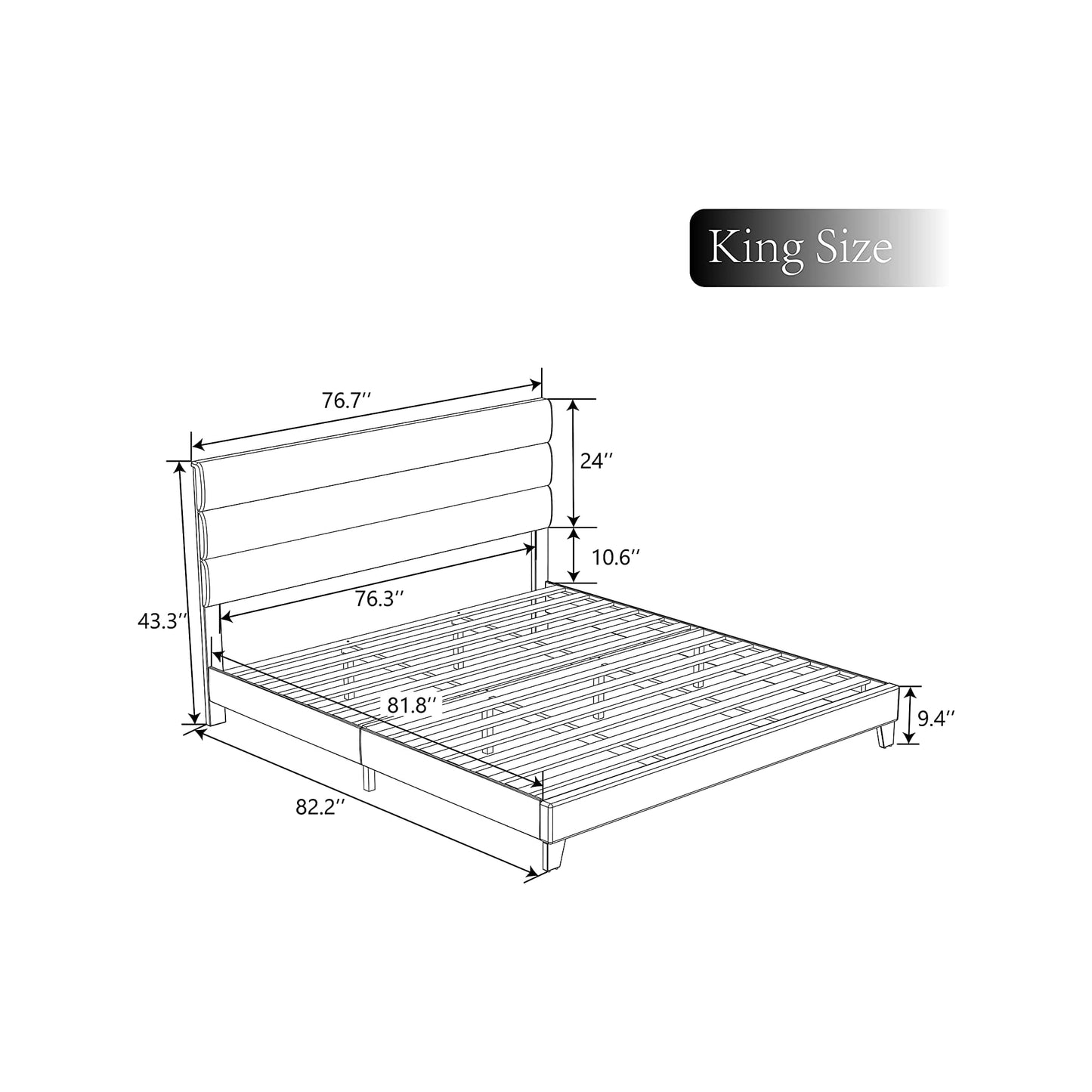 Allewie King Fully Upholstered Platform Bed Frame with Headboard, Dark Grey